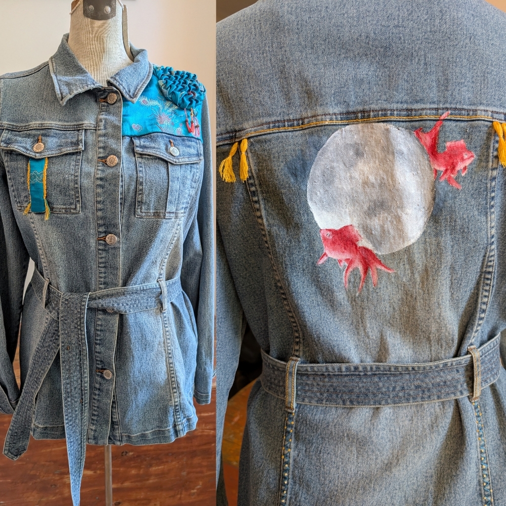 OOAK, Handmade Detailing, Size Medium, Tie Waist Denim Jacket, Wearable Art
